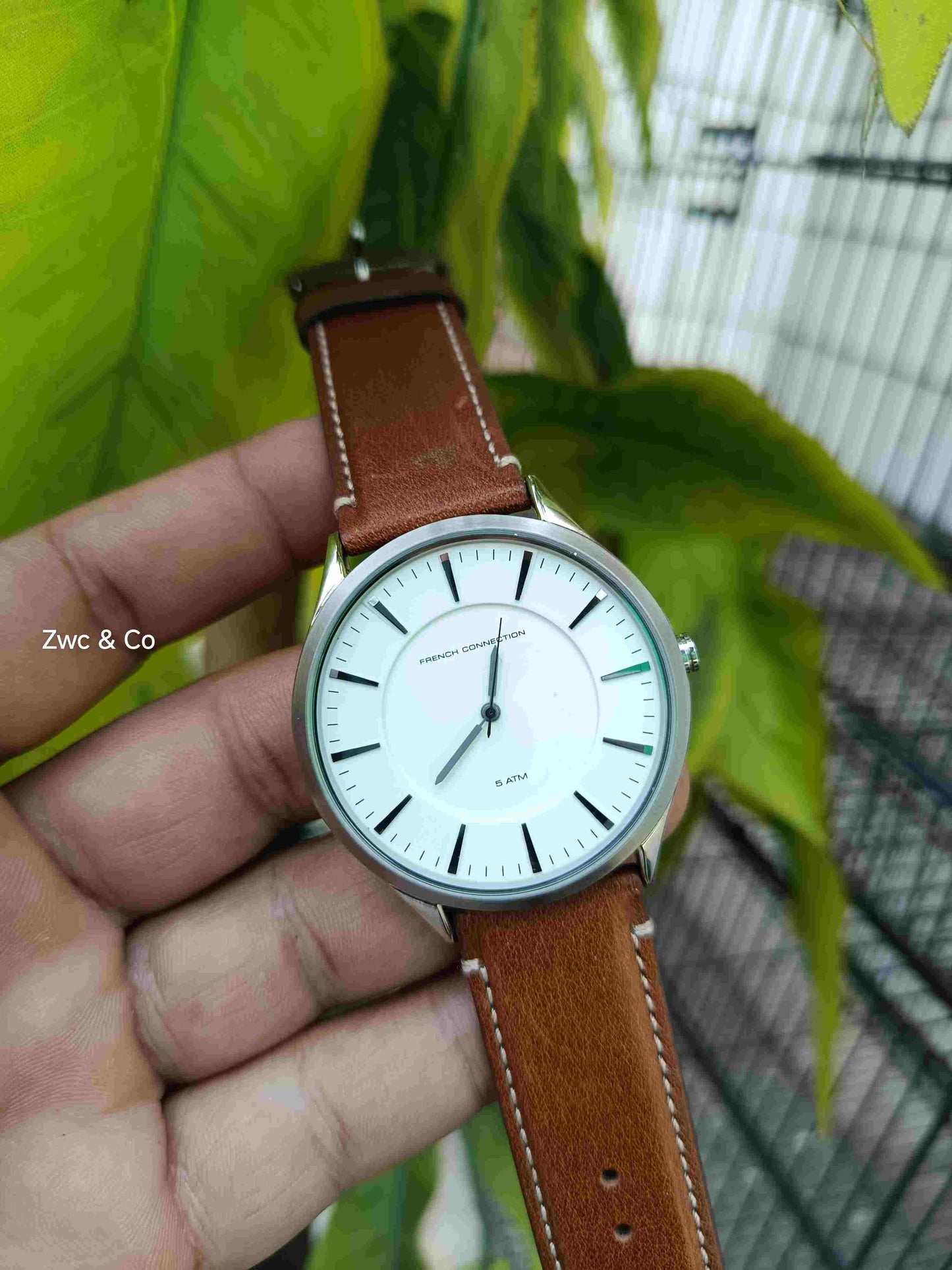 French Connection Men’s Analog Watch  Case with Brown Leather Strap.
