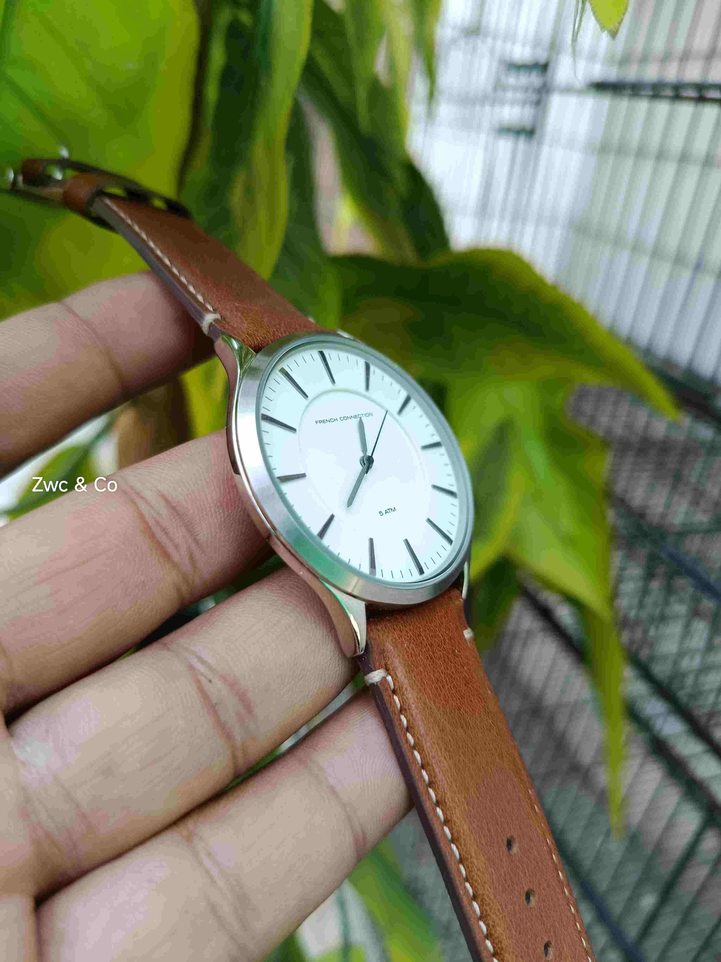 French Connection Men’s Analog Watch  Case with Brown Leather Strap.