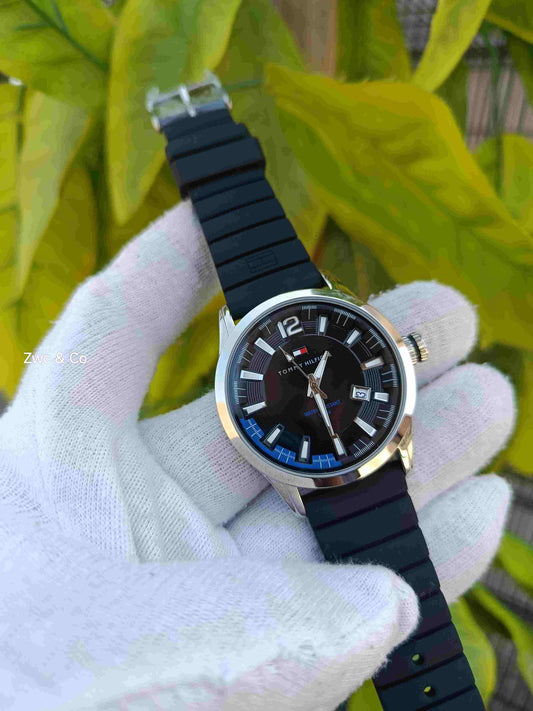 Tommy Hilfiger Sport Quartz Black Dial Blue Accent Inner Bezel Silver-Tone Case Black Rubber Silicone Strap Men's Water Resistant Watch with Date Display