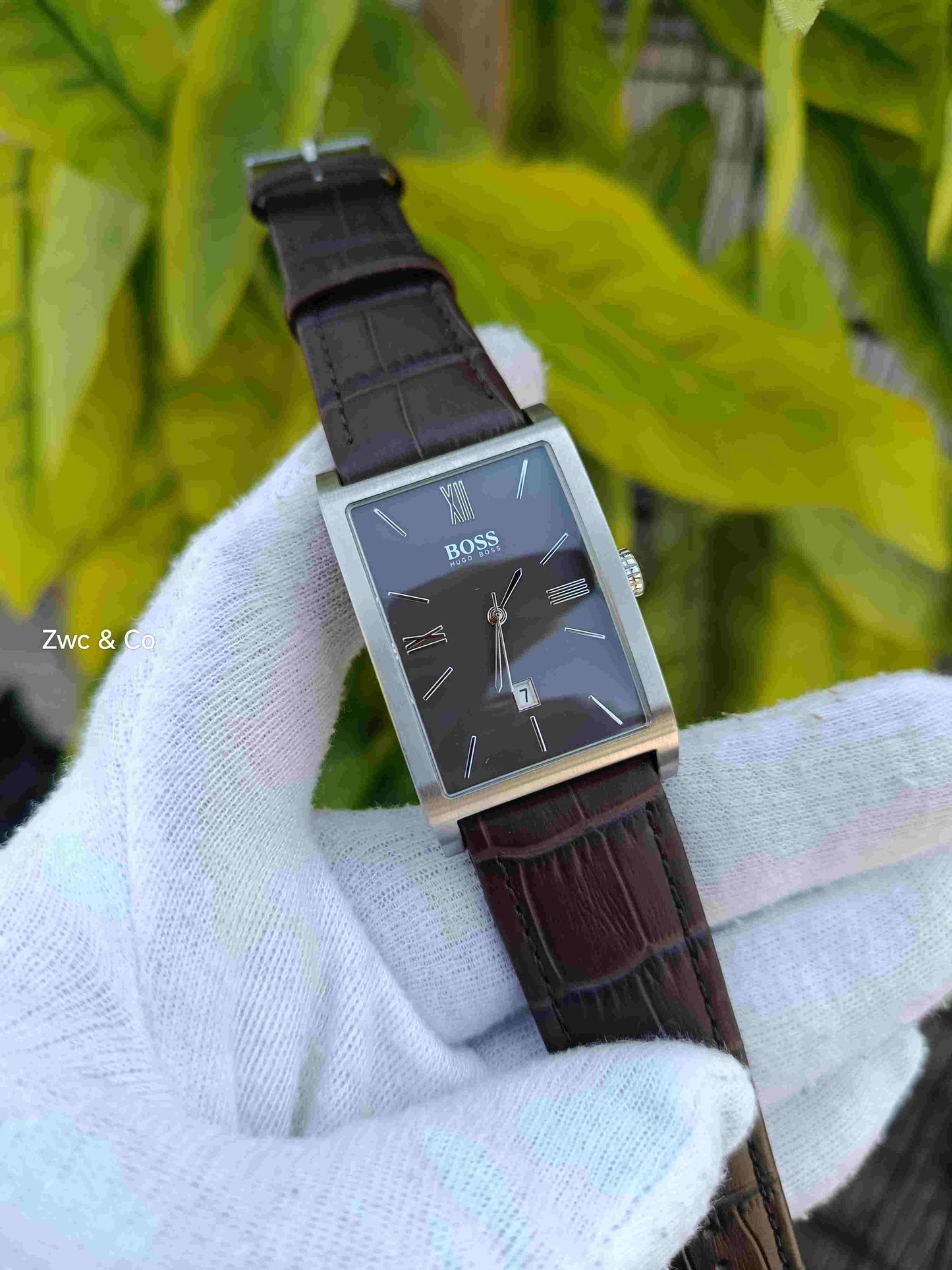 Hugo Boss Quartz Rectangle Dark Dial Silver-Tone Case Brown Crocodile-Embossed Leather Strap Men's Watch with Date Display