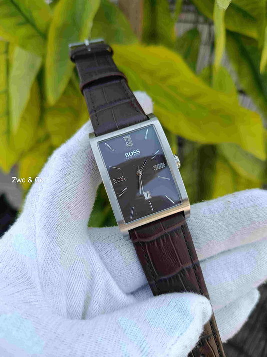 Hugo Boss Quartz Rectangle Dark Dial Silver-Tone Case Brown Crocodile-Embossed Leather Strap Men's Watch with Date Display