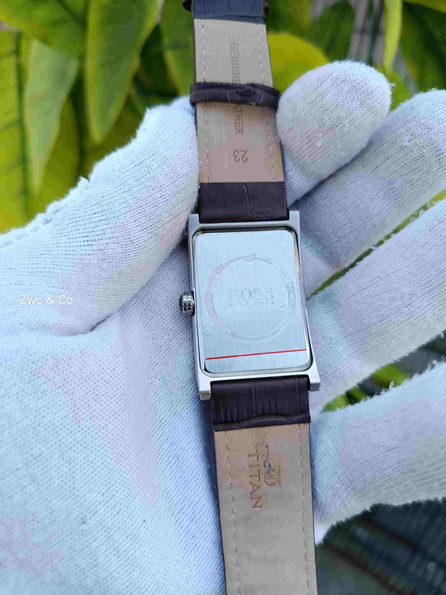 Hugo Boss Quartz Rectangle Dark Dial Silver-Tone Case Brown Crocodile-Embossed Leather Strap Men's Watch with Date Display
