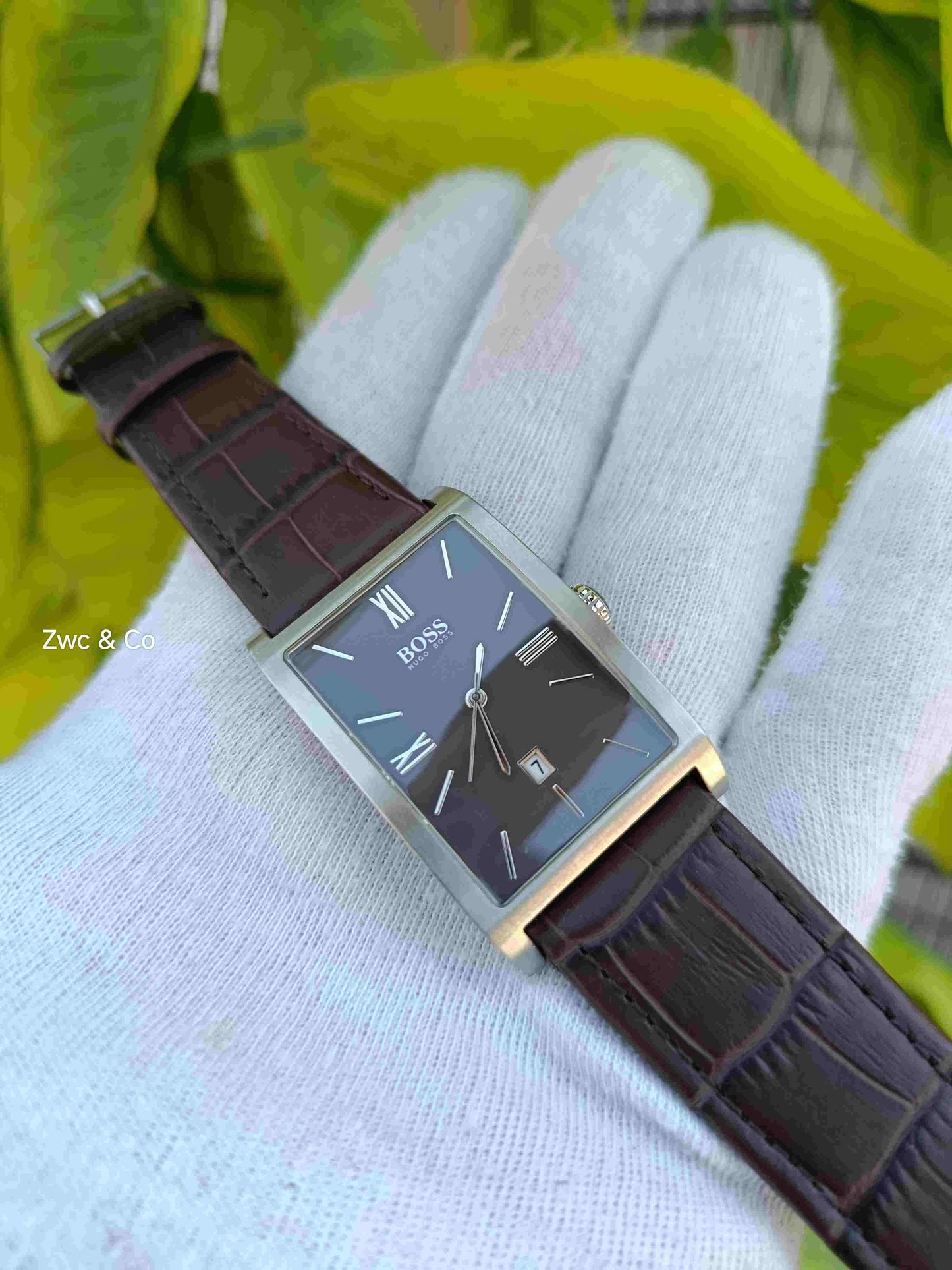 Hugo Boss Quartz Rectangle Dark Dial Silver-Tone Case Brown Crocodile-Embossed Leather Strap Men's Watch with Date Display