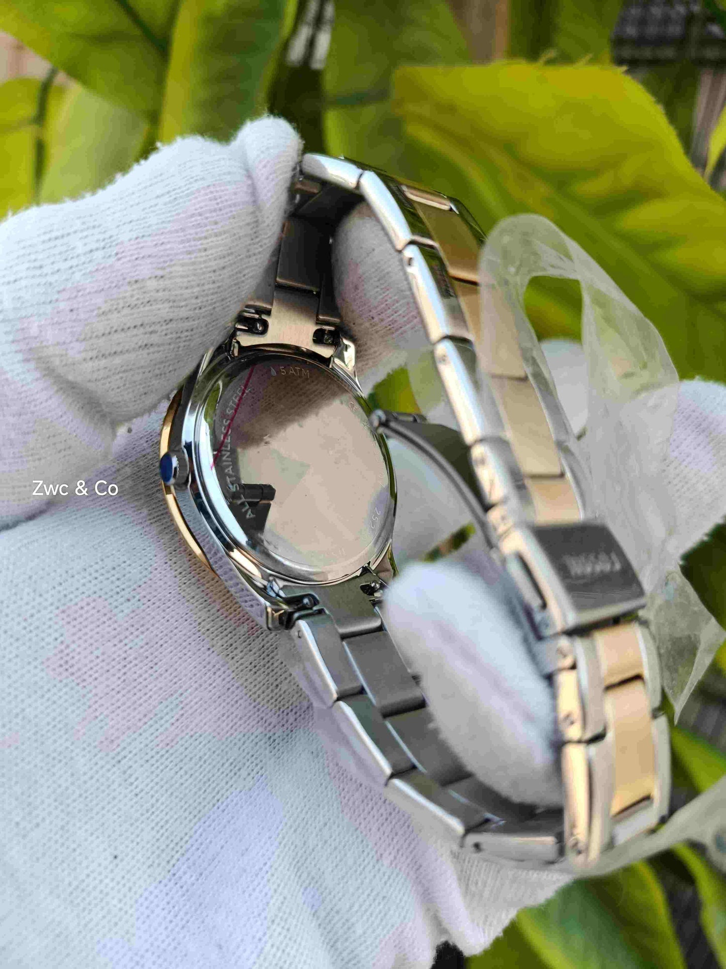 Fossil Multifunction Chronograph White Dial Crystal-Studded Tachymeter Bezel Two-Tone Rose Gold & Silver Stainless Steel Bracelet Women's Watch