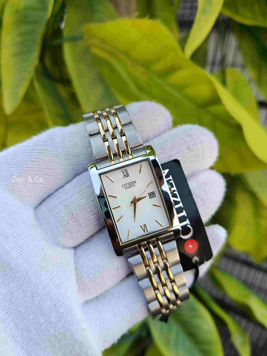Citizen Quartz Rectangle Dial Two-Tone Gold & Silver Stainless Steel Bracelet Watch with Date Display