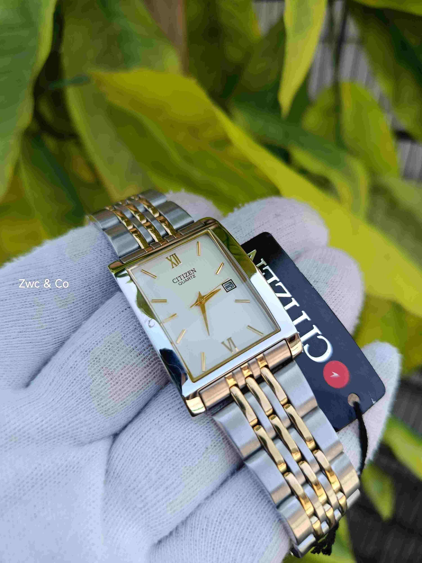 Citizen Quartz Rectangle Dial Two-Tone Gold & Silver Stainless Steel Bracelet Watch with Date Display
