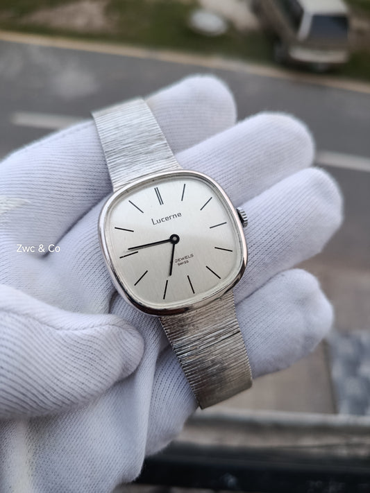 Lucerne Swiss Vintage Manual Wind Dress Watch – 1970s Silver Cushion Case & Bracelet