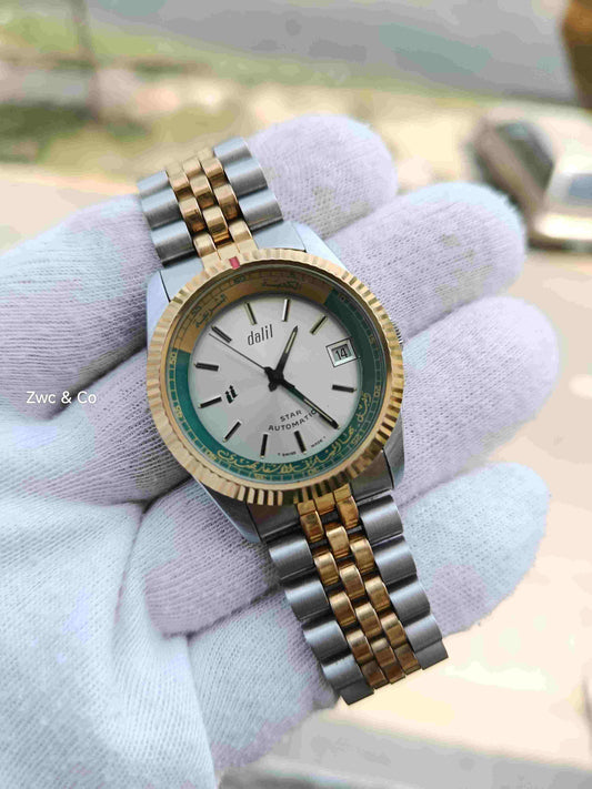 Dalil Star Automatic Two-Tone Watch | Swiss Made | Arabic Prayer Time Bezel | Date Display | Jubilee Bracelet