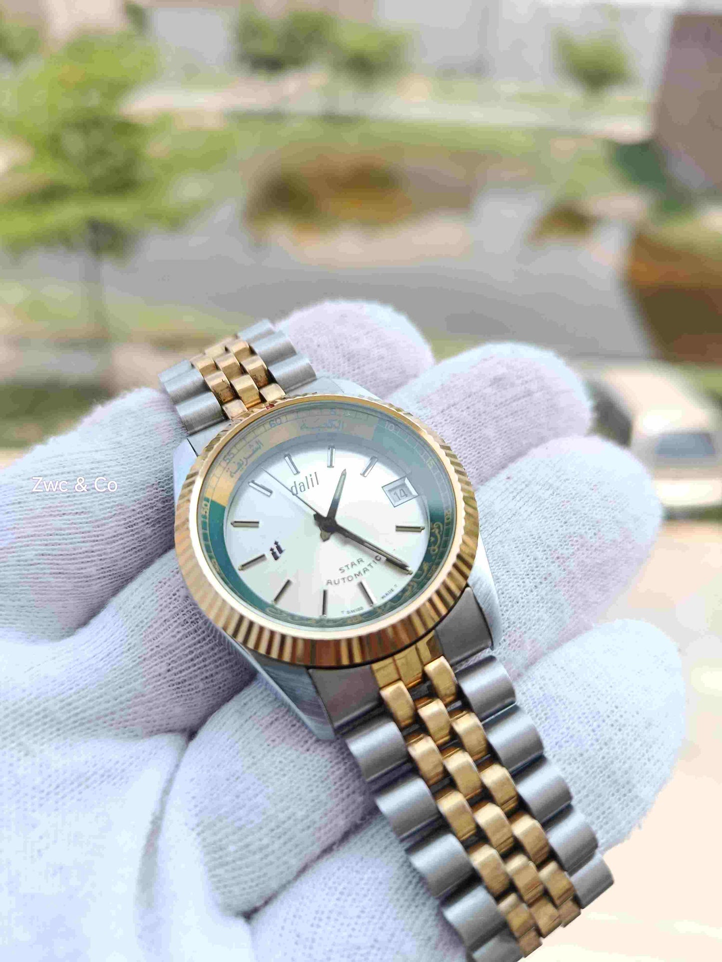 Dalil Star Automatic Two-Tone Watch | Swiss Made | Arabic Prayer Time Bezel | Date Display | Jubilee Bracelet