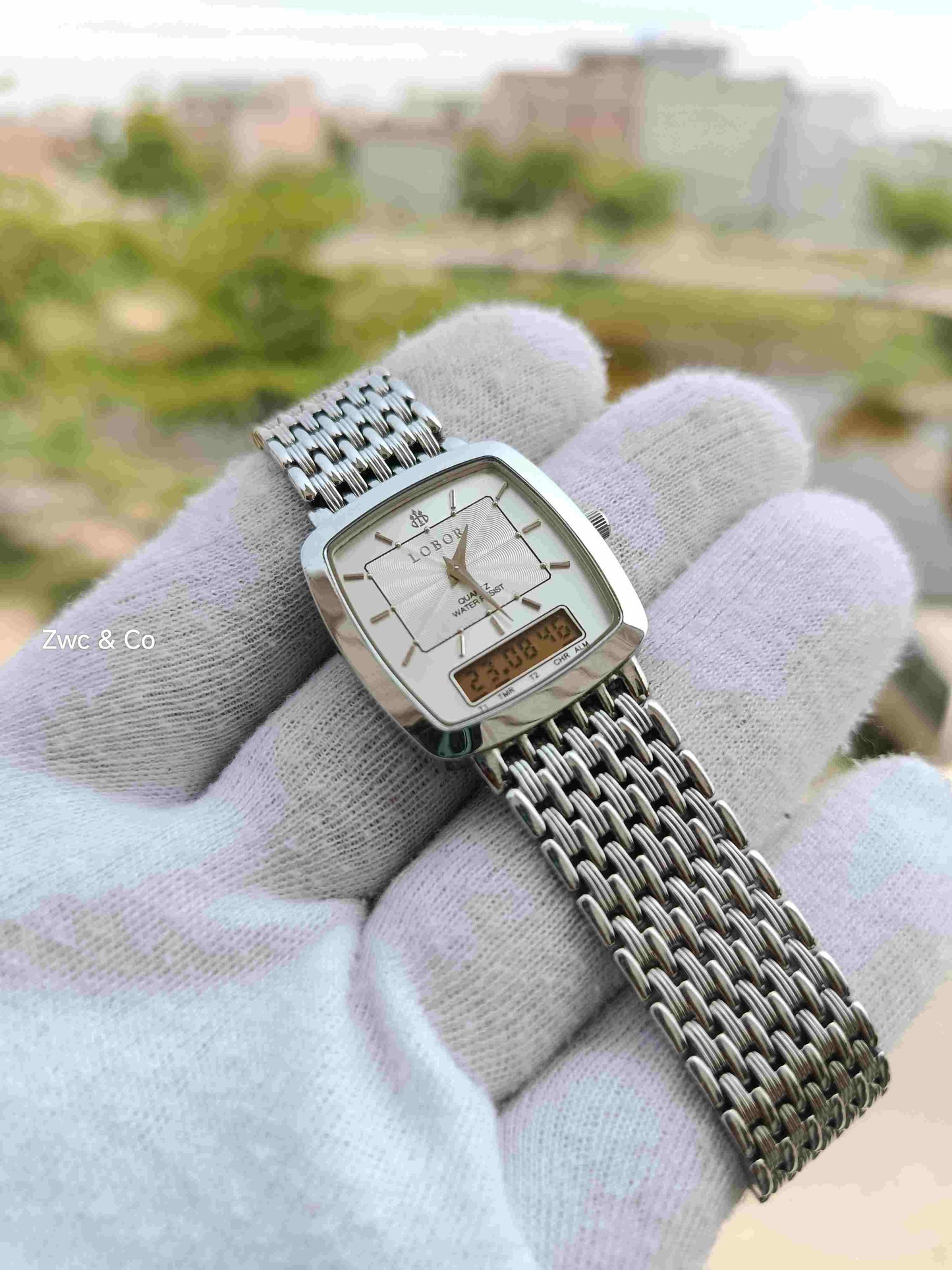 LOBOR Ana-Digi Quartz Watch | Square Dial | Stainless Steel Bracelet