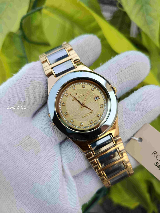 Rovaldo RV-9002 Sapphire Watch – Champagne Gold Dial, Full Crystal Ring, Rose Gold & White Ceramic Two-Tone Bracelet, Date Display