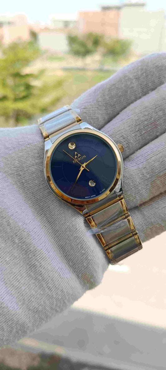 Fitron Two-Tone Navy Blue Dial Watch | Gold Silver Stainless Steel Bracelet