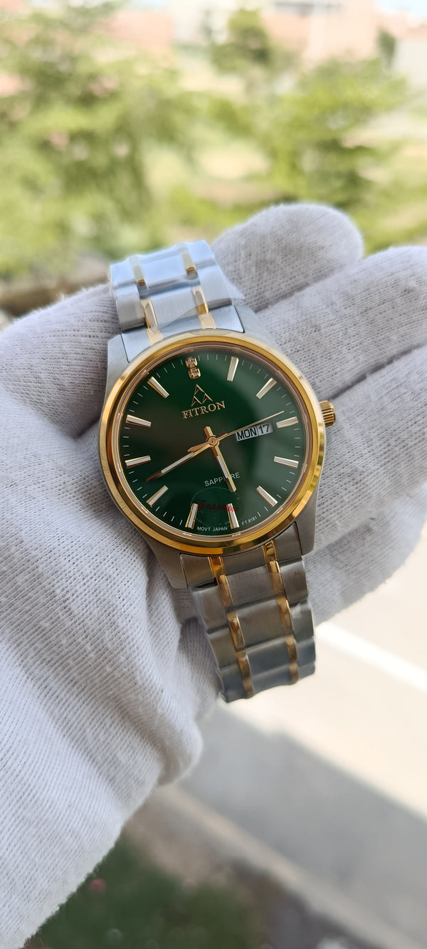Fitron Two-Tone Green Dial Watch | Day-Date Window | Sapphire Crystal ...