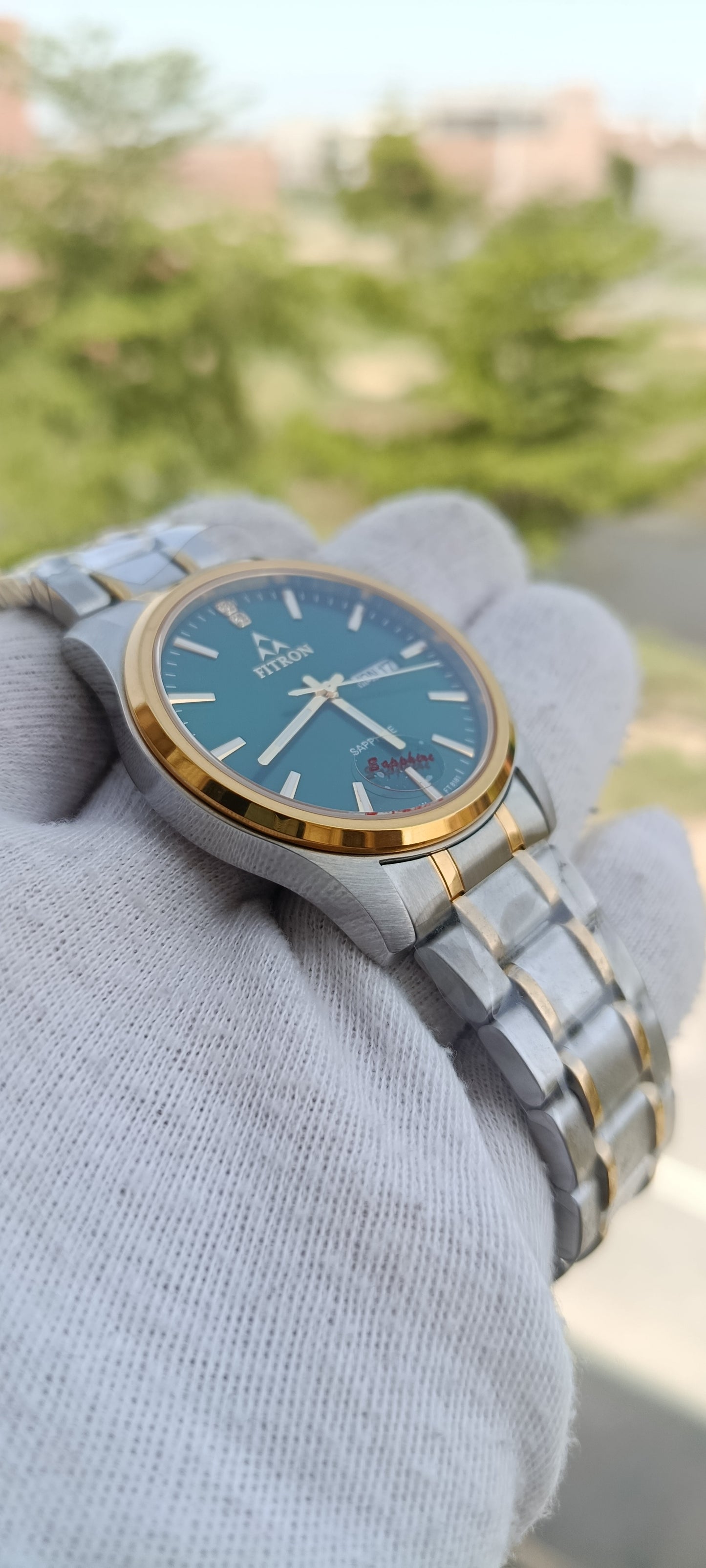 Fitron Two-Tone Green Dial Watch | Day-Date Window | Sapphire Crystal | Gold Silver Stainless Steel Bracelet | Japanese