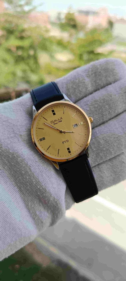 Vintage Gold Dial Black Leather Strap light Weight Watch | Classic 1946 Dress Watch