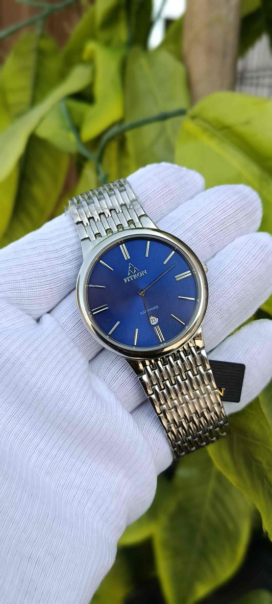 Fitron Men's Blue Dial Dress Watch with Textured Dial and Crystal Markers