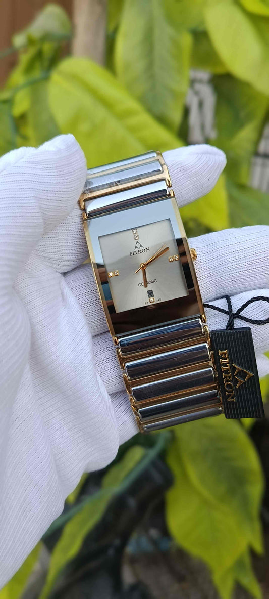 Fitron Men's Gold-Tone Dress Watch with Textured Dial and Crystal Markers Ceramic Links