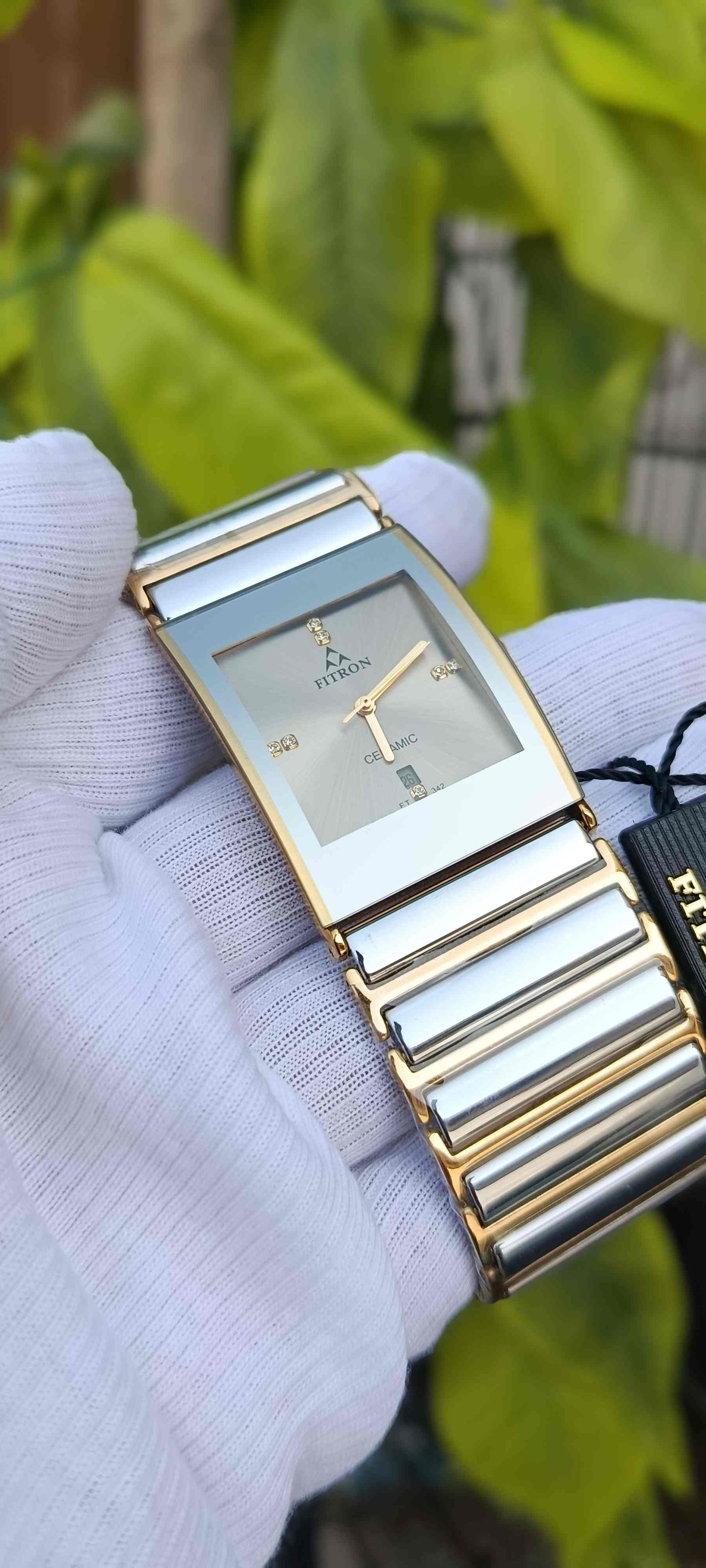 Fitron Men's Gold-Tone Dress Watch with Textured Dial and Crystal Markers Ceramic Links