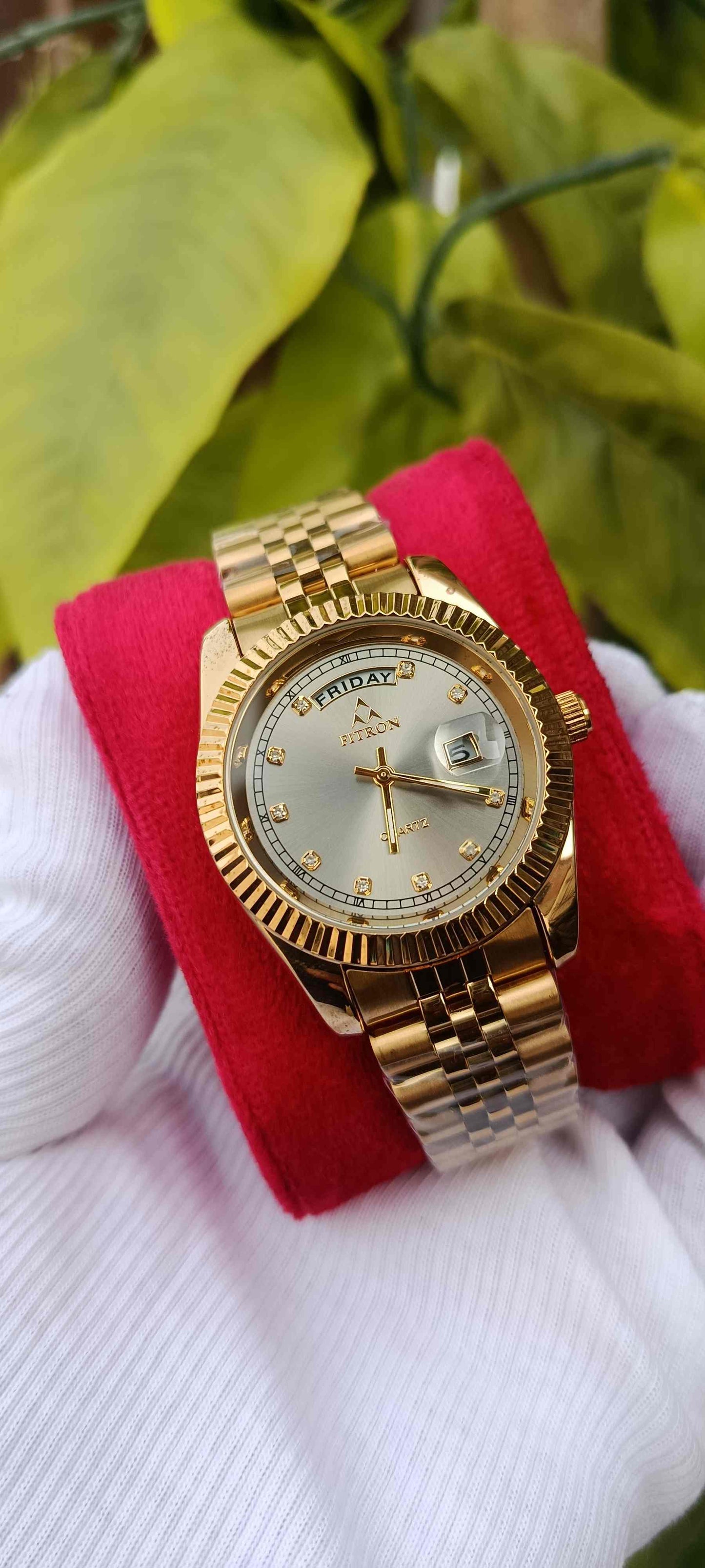 Fitron Gold-Tone Fluted Bezel Day-Date Watch