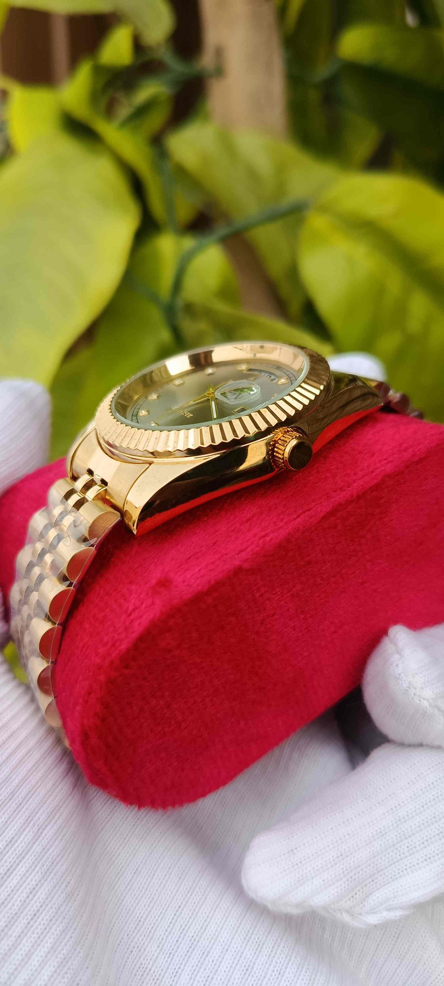 Fitron Gold-Tone Fluted Bezel Day-Date Watch