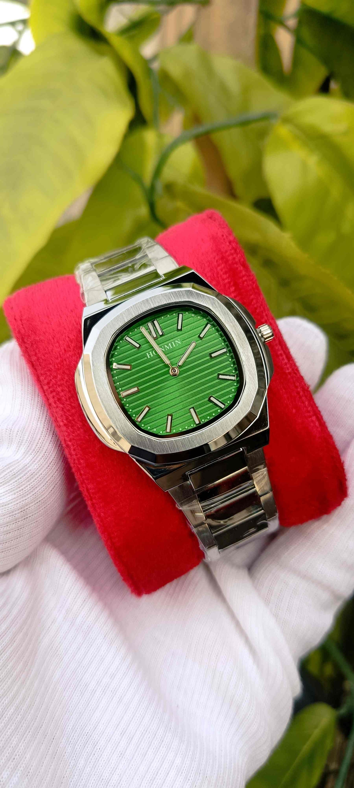 HONMIN Green Dial Bar Marker Watch | Silver Metal Polish Bracelet with Square Case