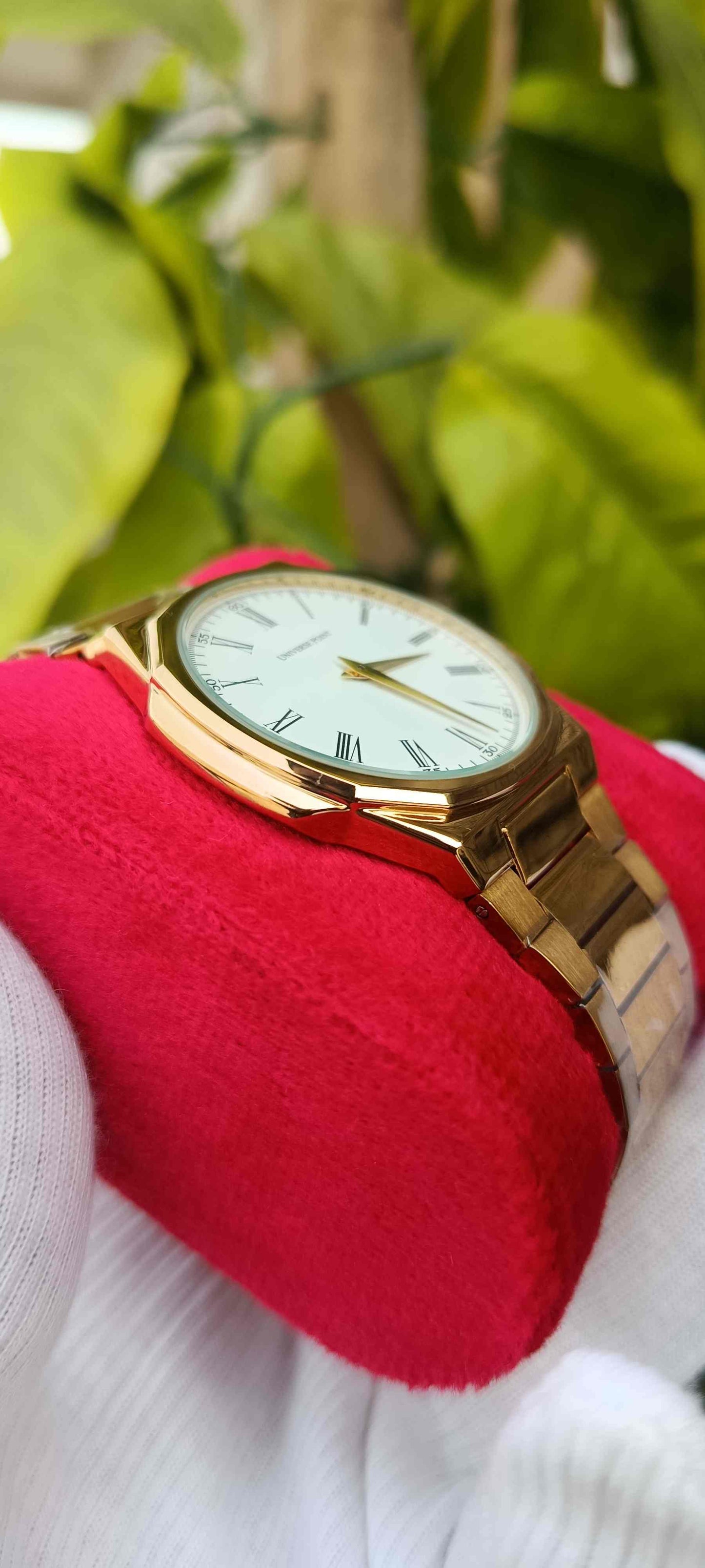 UNIVERSE POINT White Dial Roman Numeral Sapphire Watch | Two-Tone Silver & Gold Metal Polish Bracelet