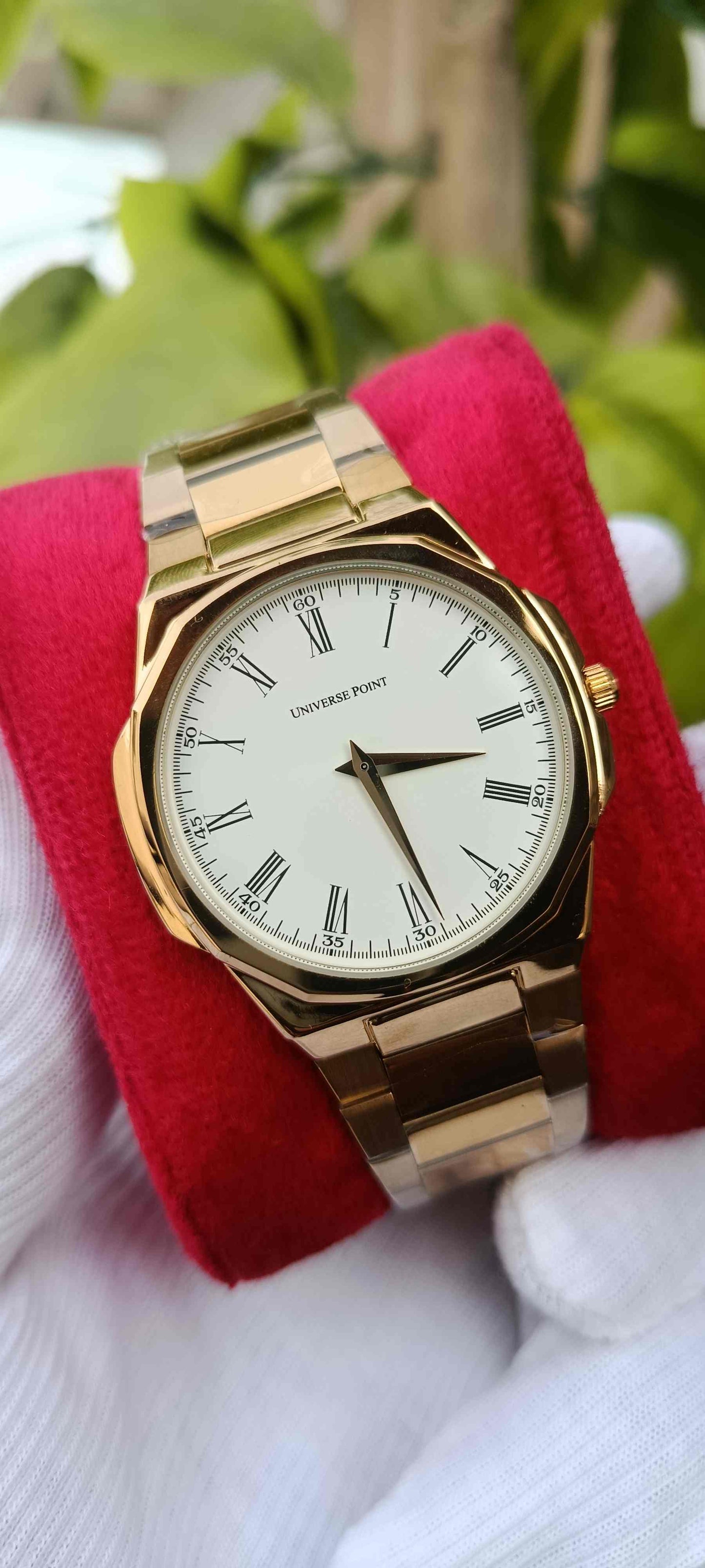 UNIVERSE POINT White Dial Roman Numeral Sapphire Watch | Two-Tone Silver & Gold Metal Polish Bracelet