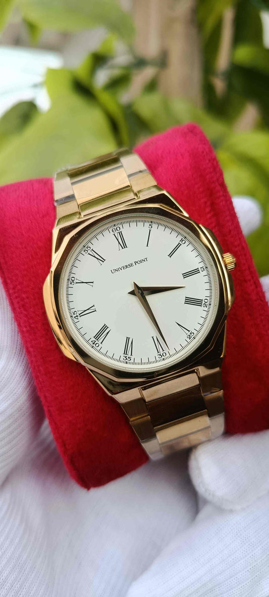 UNIVERSE POINT White Dial Roman Numeral Sapphire Watch | Two-Tone Silver & Gold Metal Polish Bracelet