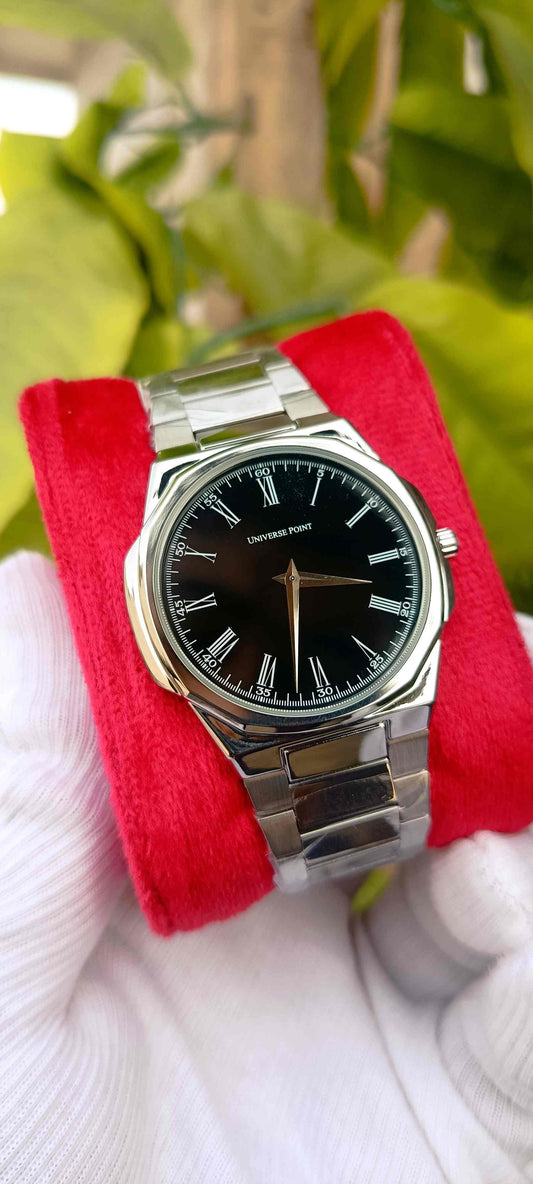 UNIVERSE POINT Black Dial Roman Numeral Sapphire Watch | Silver Metal Polish Bracelet