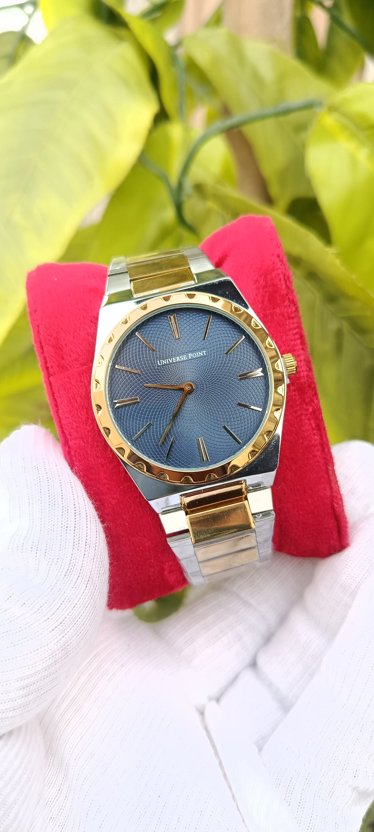 UNIVERSE POINT Two-Tone Blue Dial Stud Bezel Sapphire Watch | Silver & Gold Metal Bracelet