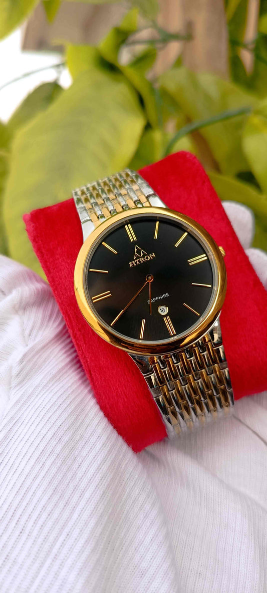 FITRON Two-Tone Black Dial Roman Numeral Sapphire Watch | Gold & Silver Stainless Steel Bracelet