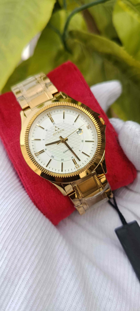 FITRON Gold Dial Roman Numeral Sapphire Watch | Gold Stainless Steel Bracelet with Fluted Bezel