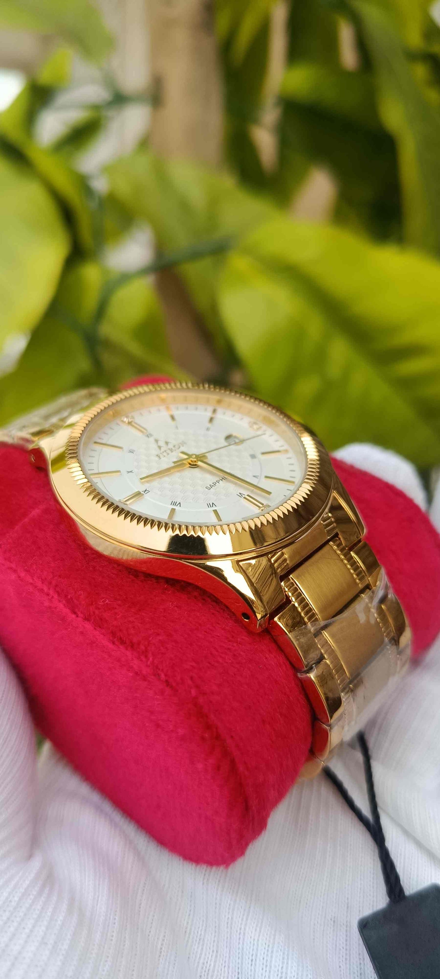 FITRON Gold Dial Roman Numeral Sapphire Watch | Gold Stainless Steel Bracelet with Fluted Bezel