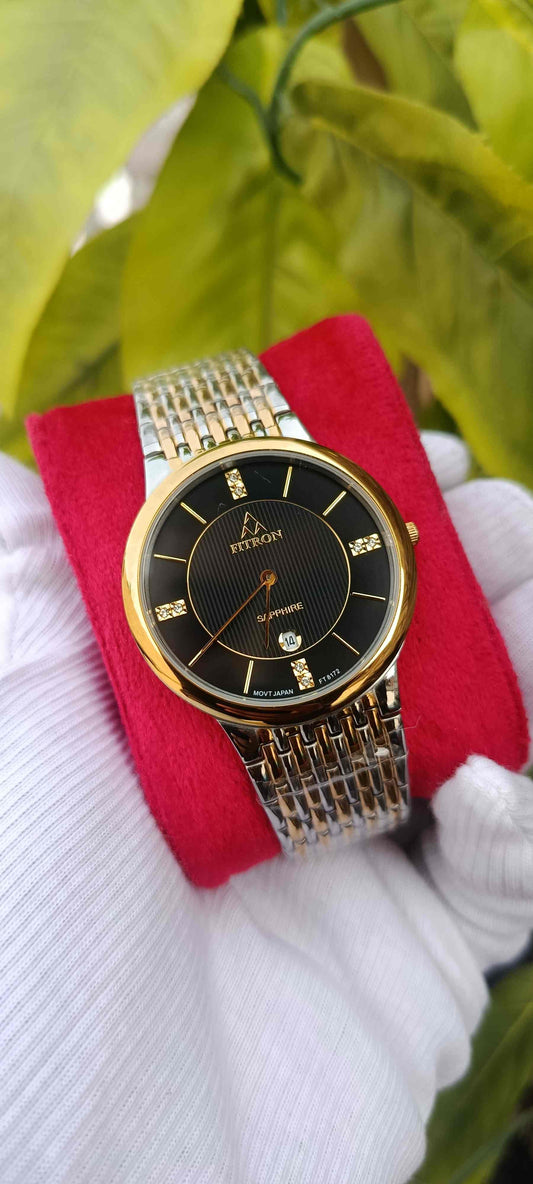 FITRON Two-Tone Black Dial Diamond Sapphire Watch | Gold & Silver Stainless Steel Bracelet