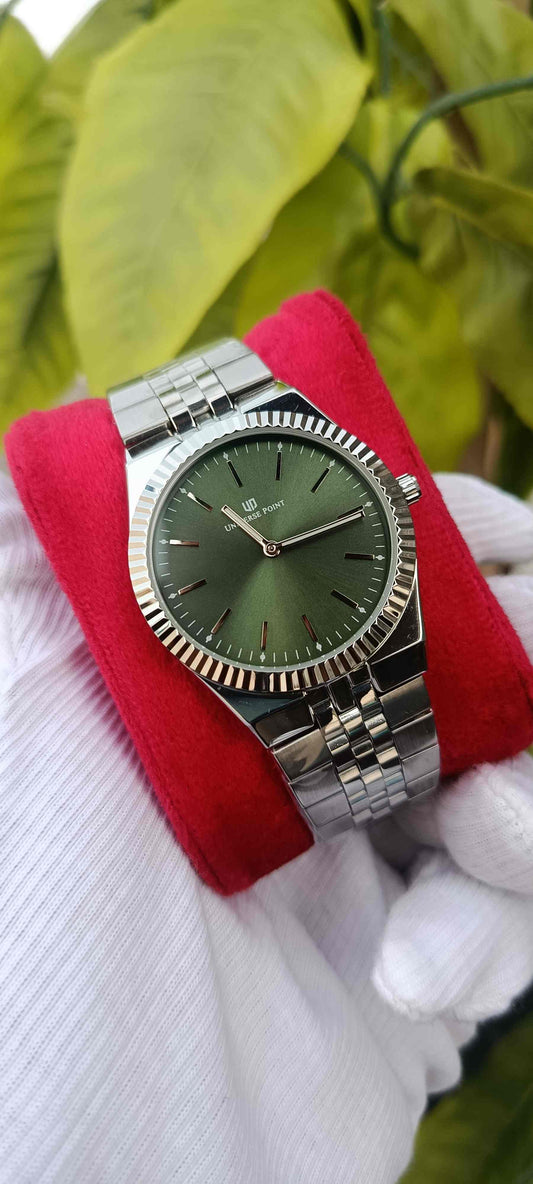 UNIVERSE POINT Green Dial Bar Marker Watch | Metal Polish Bracelet with Rotating Bezel