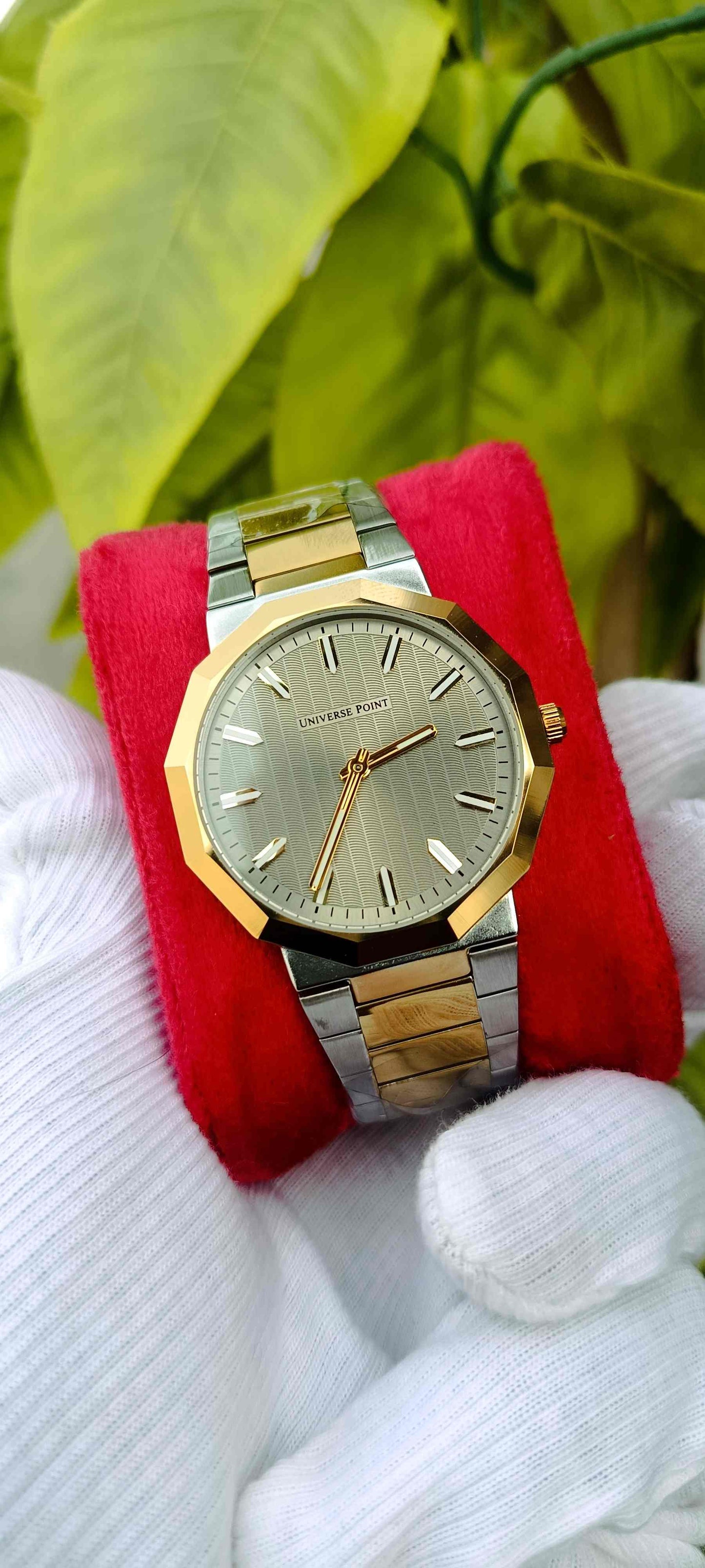 UNIVERSE POINT Two-Tone Silver Dial Bar Marker Watch | Silver & Gold Stainless Steel Bracelet