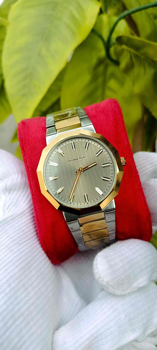 UNIVERSE POINT Two-Tone Silver Dial Bar Marker Watch | Silver & Gold Stainless Steel Bracelet