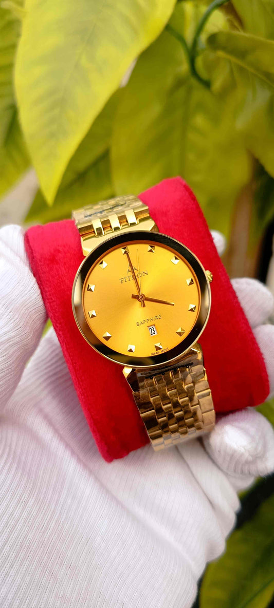 FITRON Gold Dial Diamond Sapphire Watch | Gold Stainless Steel Bracelet