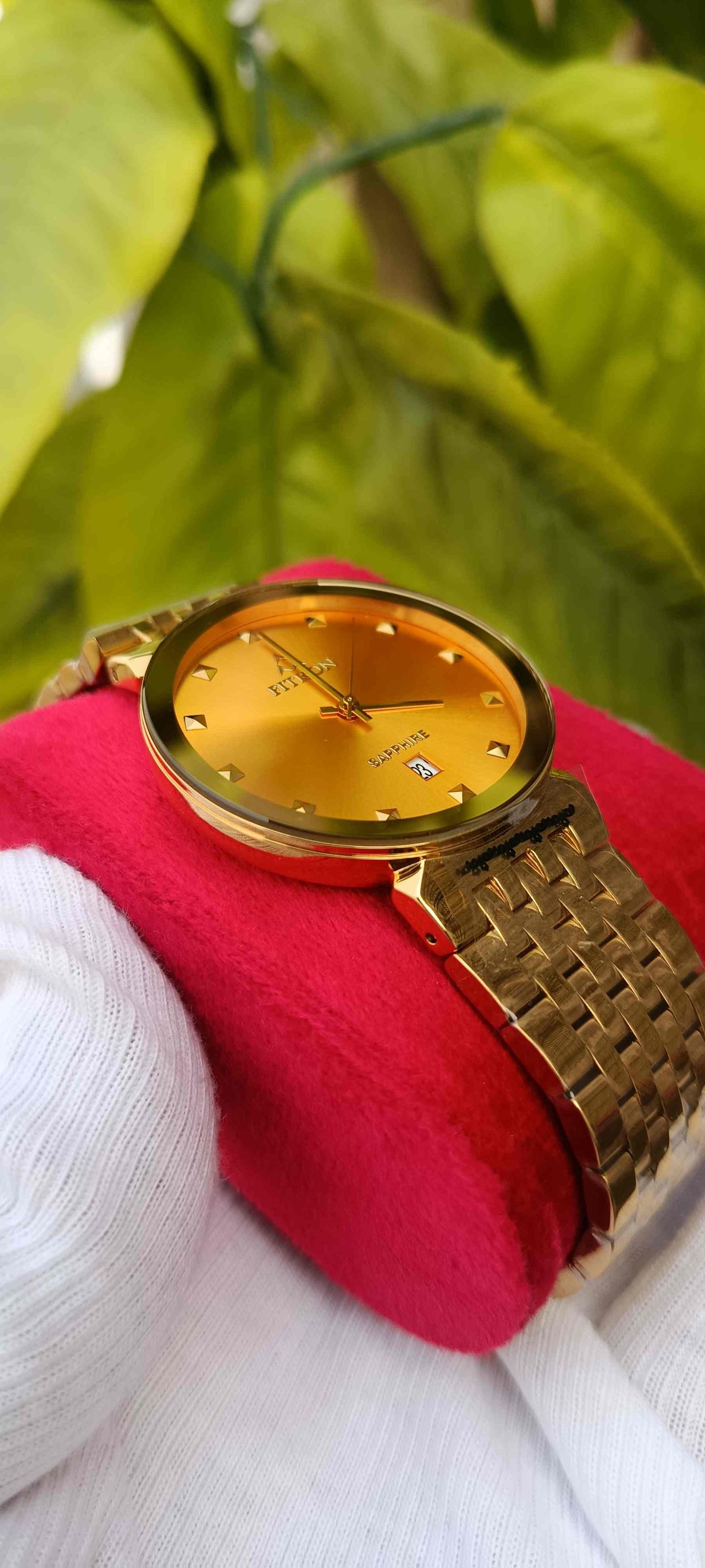 FITRON Gold Dial Diamond Sapphire Watch | Gold Stainless Steel Bracelet