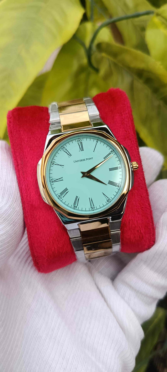 UNIVERSE POINT Two-Tone Turquoise Dial Roman Numeral Watch | Silver & Gold Metal Bracelet