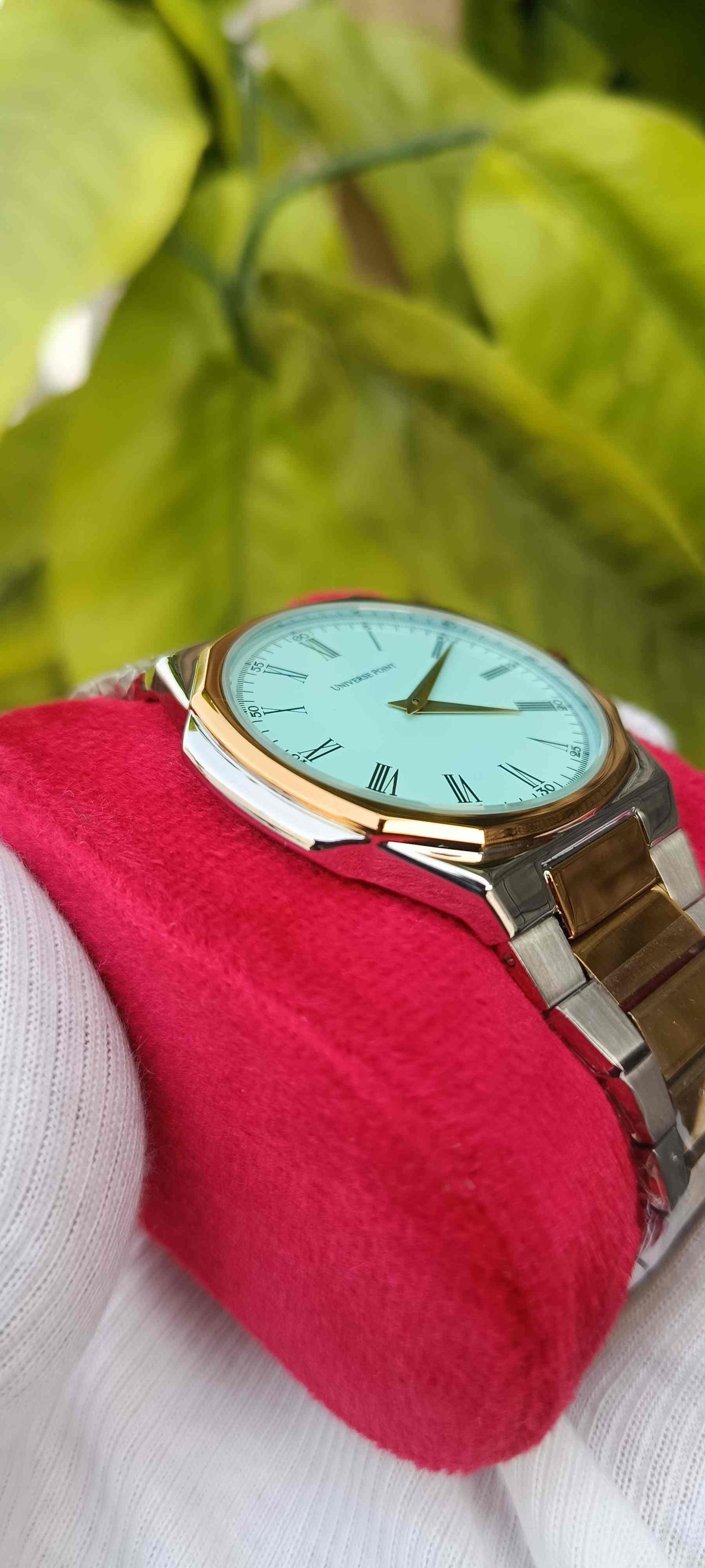 UNIVERSE POINT Two-Tone Turquoise Dial Roman Numeral Watch | Silver & Gold Metal Bracelet