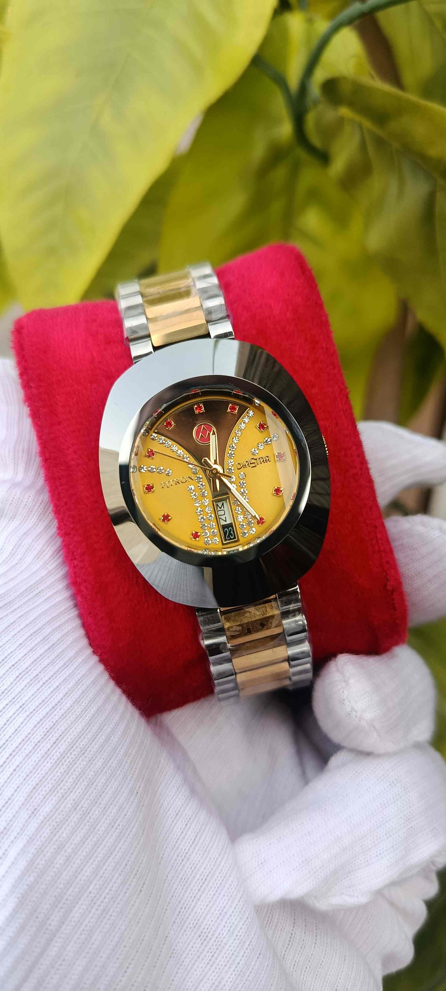 FITRON Automatic Two-Tone Gold Dial Diamond Sapphire Watch | Silver & Gold Metal Band with Ruby Accents