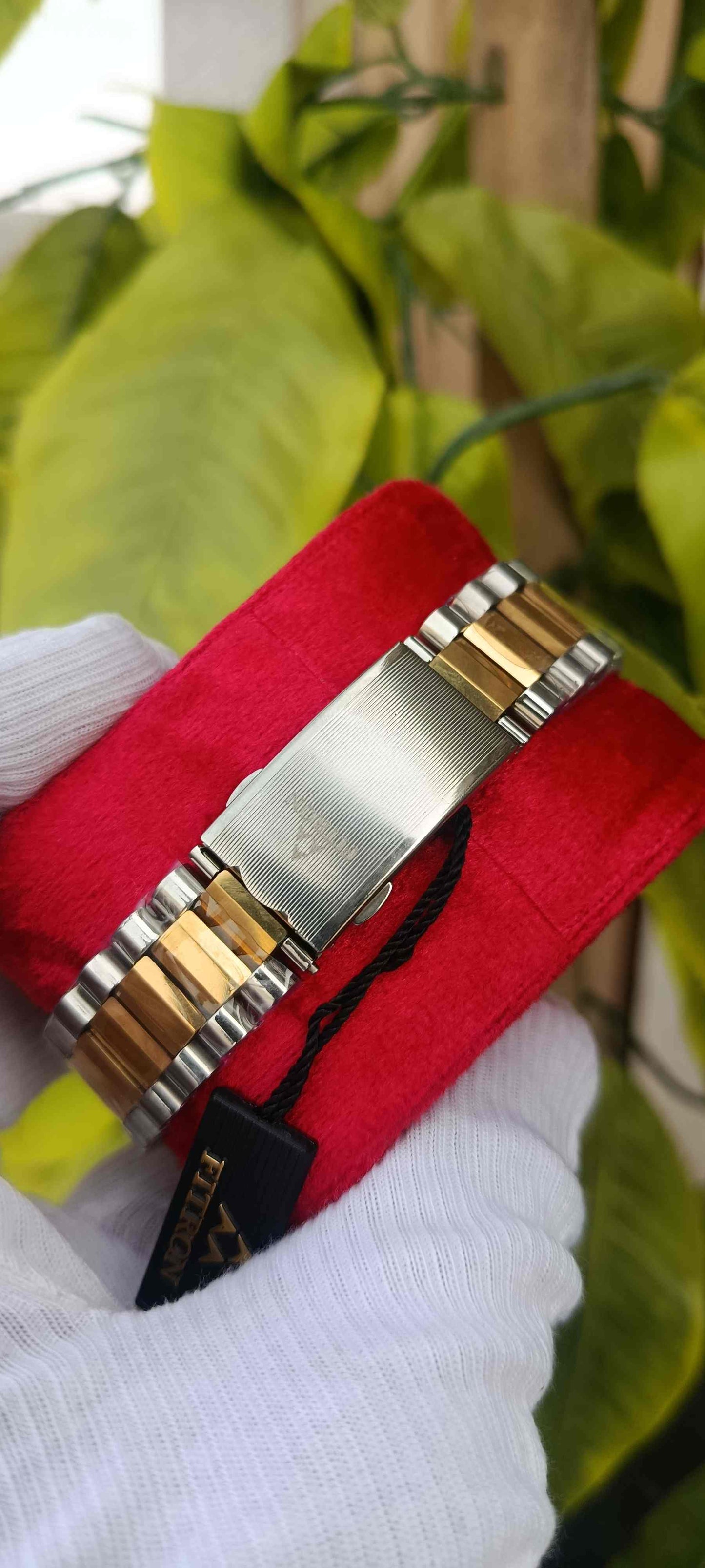 FITRON Automatic Two-Tone Gold Dial Diamond Sapphire Watch | Silver & Gold Metal Band with Ruby Accents