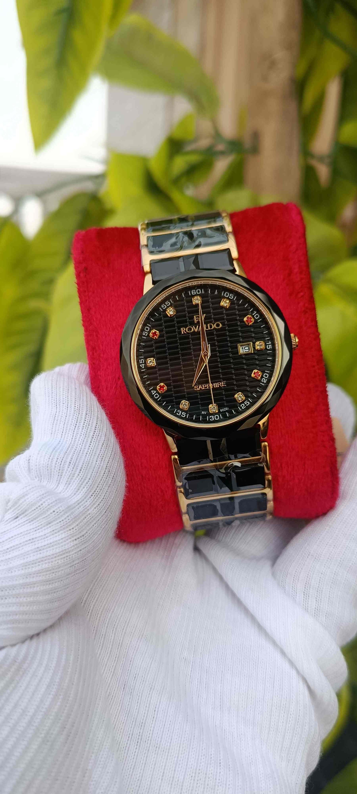 ROVALDO Luxury Two-Tone Black Grid Dial Sapphire Watch | Gold & Black Ceramic Band