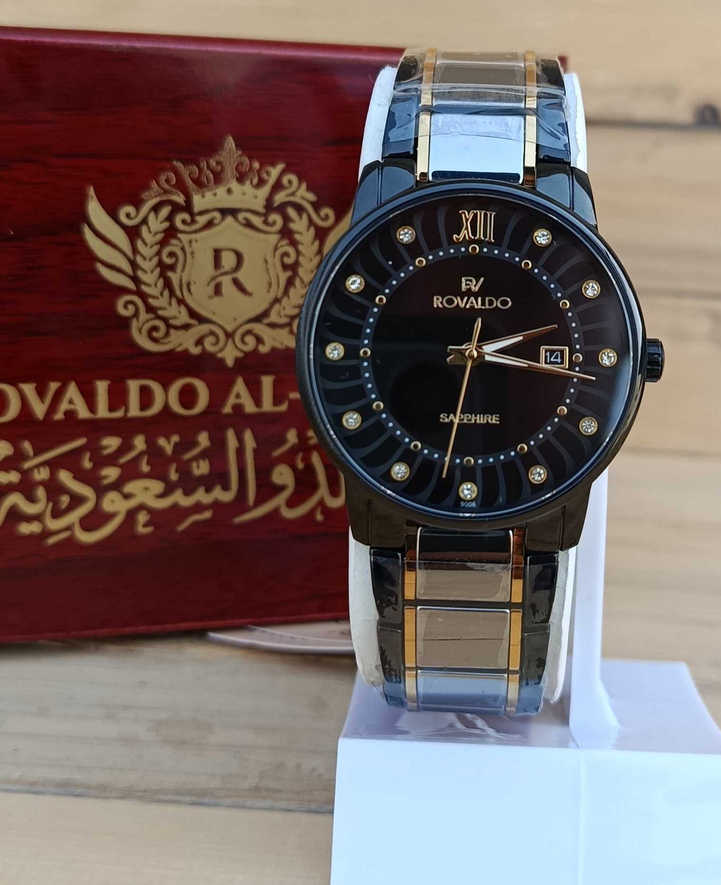 ROVALDO Black Slim Ceramic Roman Numeral Two-Tone Sapphire Watch