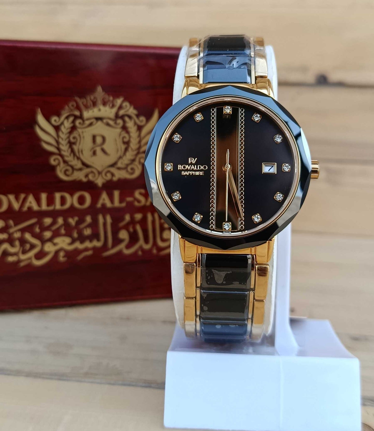 ROVALDO Two-Tone Black Diamond Dial Sapphire Watch Slim
