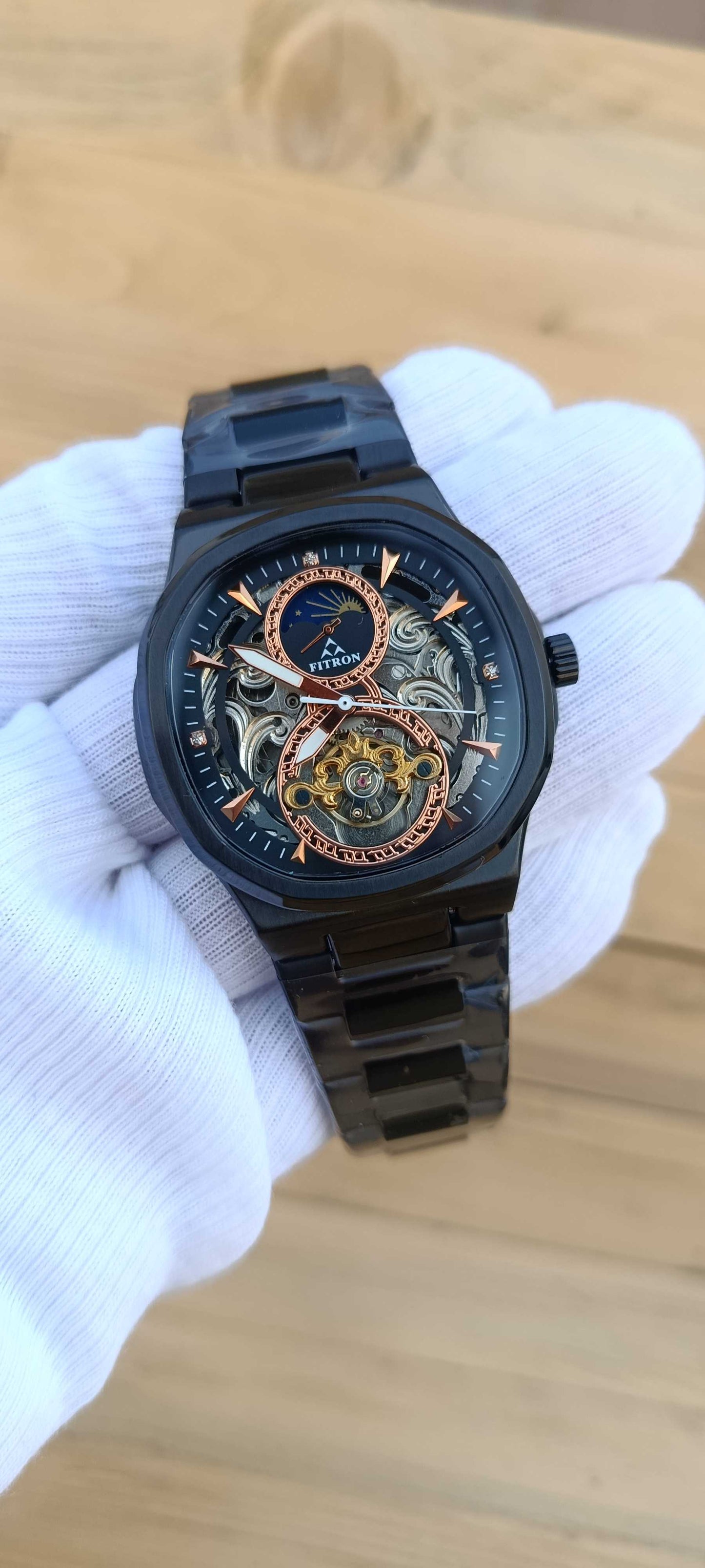 FITRON Black Skeleton Tourbillon Moon Phase Watch