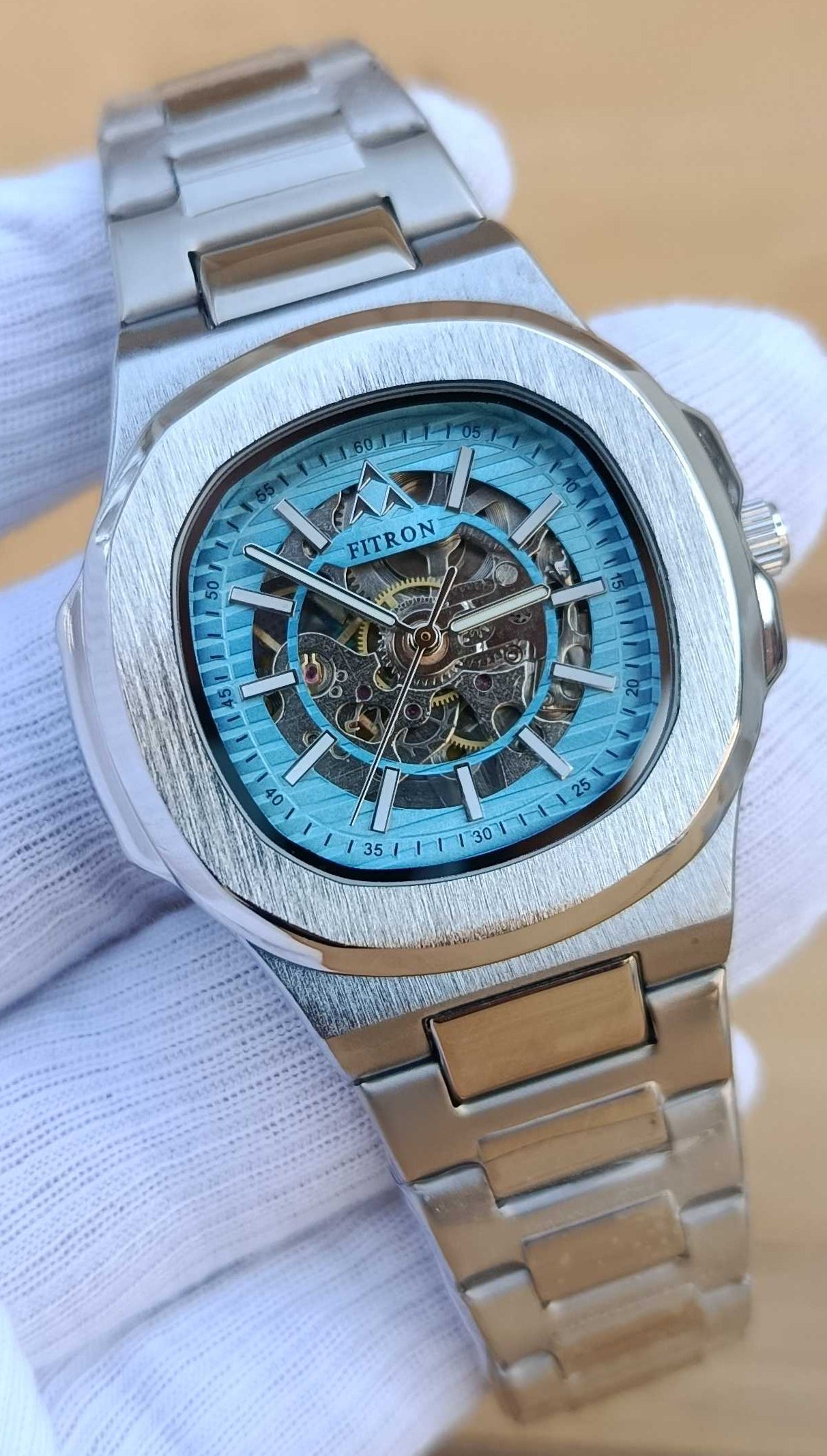FITRON Skeleton Automatic Light Blue Metal Polish Watch