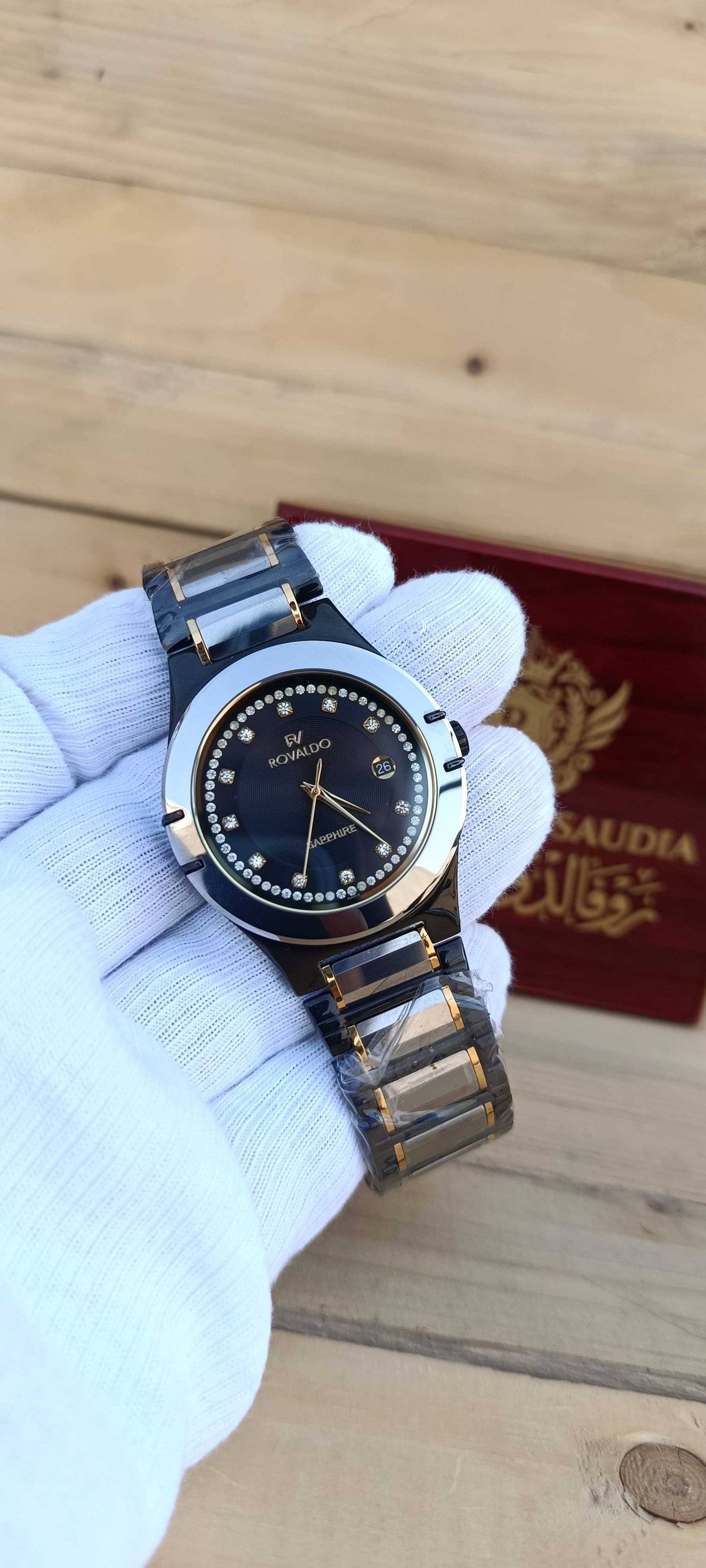 ROVALDO Two-Tone Black Ceramic Diamond Dial Sapphire Crystal Watch