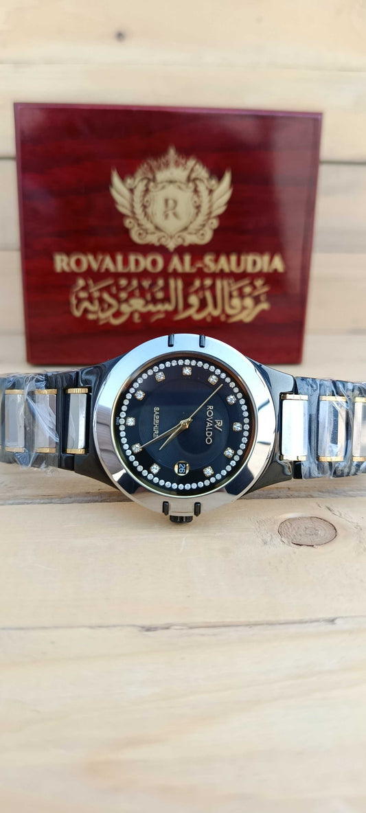 ROVALDO Two-Tone Black Ceramic Diamond Dial Sapphire Crystal Watch